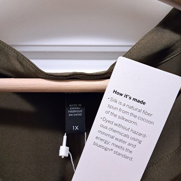 Eileen Fisher Sand-Washed Silk Charmeuse Mandarin-Collar Tunic Olive Size 1X - Picture 10 of 12